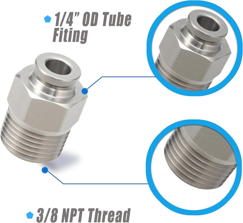 MSAEIQUN Stainless Steel 1/4 Air hose fittings, Push to Connect Air fittings Male Straight 1/4 Inch Tube OD x 3/8 NPT Thread Fitting (Pack of 2) - Image 2